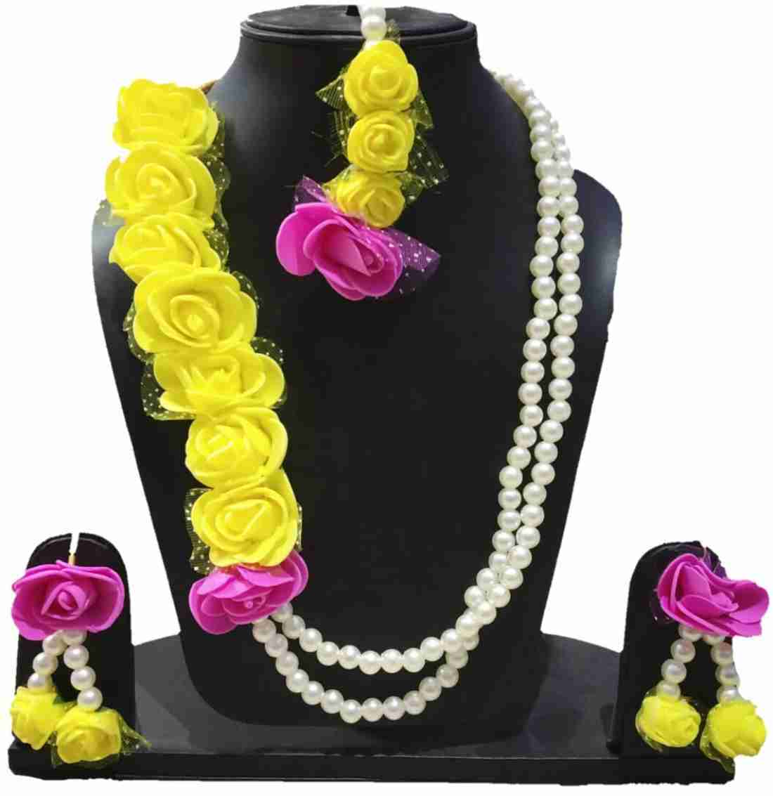 Lamansh Necklace, Earrings & Maangtika set 1 Necklace, 2 Earrings,1 Maangtika set / Yellow-Pink LAMANSH® Designer Floral Jewellery Set for Women & Girls / Haldi Set