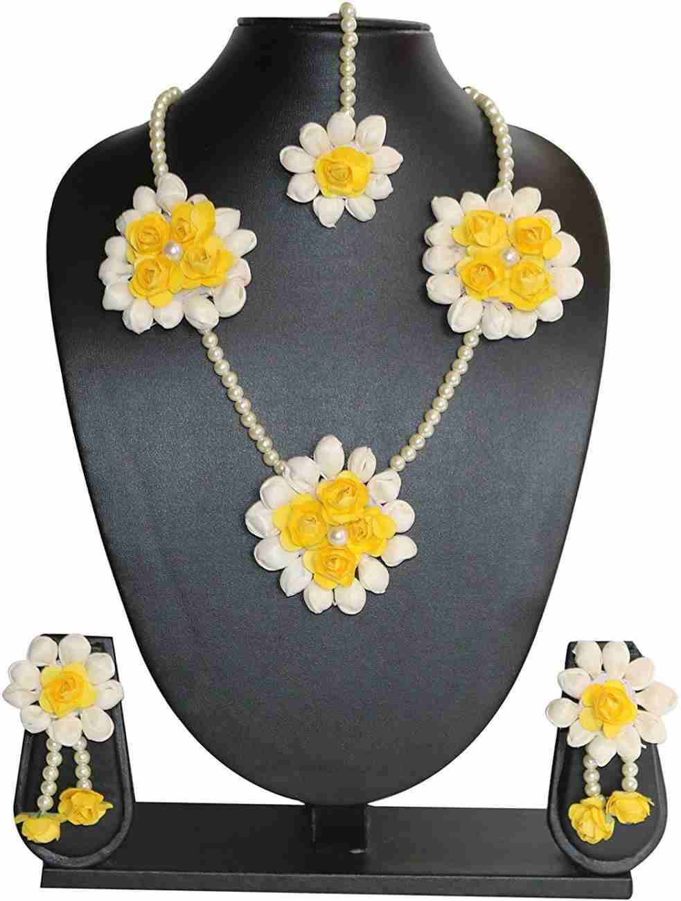 Lamansh Necklace, Earrings & Maangtika set 1 Necklace, 2 Earrings,1 Maangtika set / Yellow-White LAMANSH® Designer Floral Jewellery Set for Women & Girls / Haldi Set