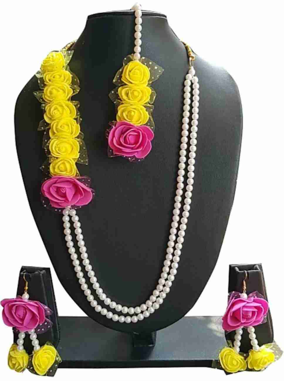 Lamansh Necklace, Earrings & Maangtika set 1 Necklace, 2 Earrings & 1 Maangtika / Yellow-pink-white LAMANSH® Designer Floral Jewellery Set for Women & Girls / Haldi Set