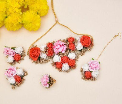 Lamansh Necklace, Earrings & Maangtika set 1 Necklace, 2 Earrings, 1 Ring & 1 Maangtika set / Pink-Red-Gold LAMANSH® Designer Floral Jewellery Set for Women & Girls