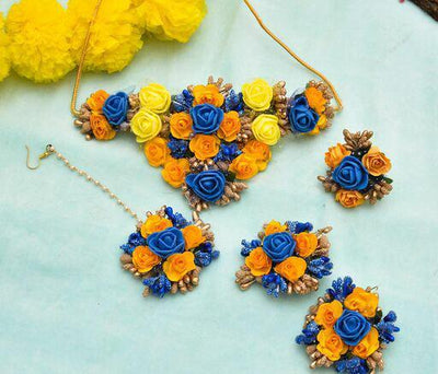 Lamansh Necklace, Earrings & Maangtika set 1 Necklace, 2 Earrings, 1 Ring & 1 Maangtika set / Yellow-Blue-Gold LAMANSH® Designer Floral Jewellery Set for Women & Girls
