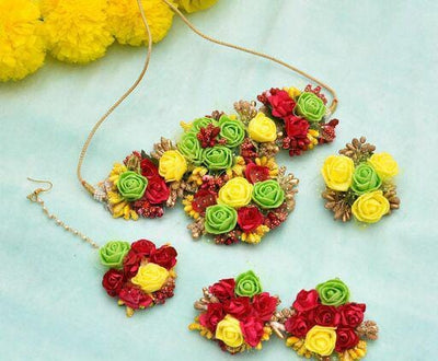 Lamansh Necklace, Earrings & Maangtika set 1 Necklace, 2 Earrings, 1 Ring & 1 Maangtika set / Yellow-Red-Green LAMANSH® Designer Floral Jewellery Set for Women & Girls / Haldi set