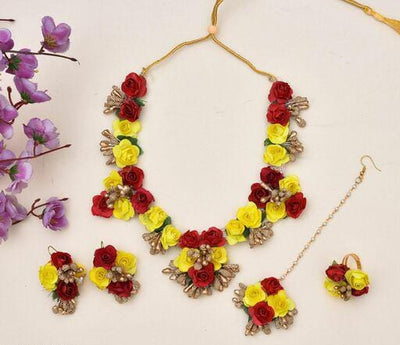 Lamansh Necklace, Earrings & Maangtika set 1 Necklace, 2 Earrings, 1 Ring & 1 Maangtika set / Yellow-Red LAMANSH® Designer Floral Jewellery Set for Women & Girls