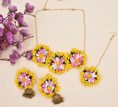 Lamansh Necklace, Earrings & Maangtika set 1 Necklace, 2 Jhumki Earrings,1 Maangtika set / Yellow-Pink LAMANSH® Designer Floral Jewellery Set for Women & Girls
