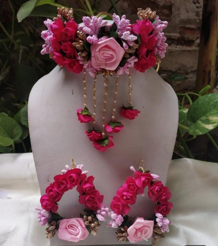 Lamansh Necklace, Earrings Pink / Free size / Haldi Lamansh® Floral Jewellery Set 🌺 | Necklace & Earrings Set