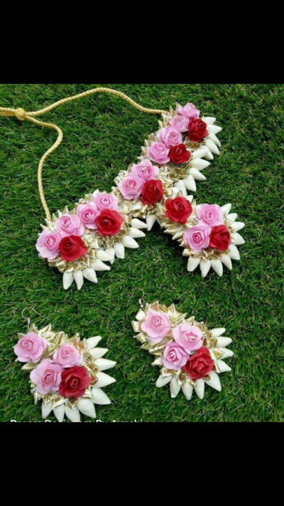 Lamansh Necklace & Earrings set 1 Necklace & 2 Earrings set / Pink - Red - white LAMANSH® Flower Fabric Hand Jewellery Haldi Baby Shower Mehndi Godbharai Set For Women, Girls / Floral Jewellery Set