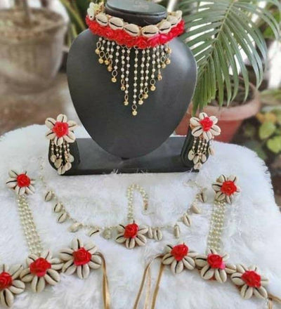 LAMANSH Necklace, Maangtika, Earrings Ring & Bracelet set White-Red / Standard / Shells 🐚 Style Lamansh® Flower Jewellery Set With Shells Jewellery set Maangtika & Earrings set