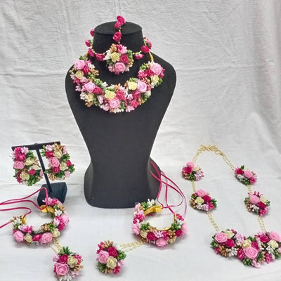 Lamansh Necklace,Nath, Earring, Bracelets with Kalire , Bajubandh & Maangtika With Matha Patti 1 Necklace, 1 Choker, 2 Earrings, 2 Bracelets attached to ring & 1 Maangtika with side chain flowers set / Yellow-Pink LAMANSH® Special Haldi Mehendi 🌺 Jewellery Set / Floral Jewellery set