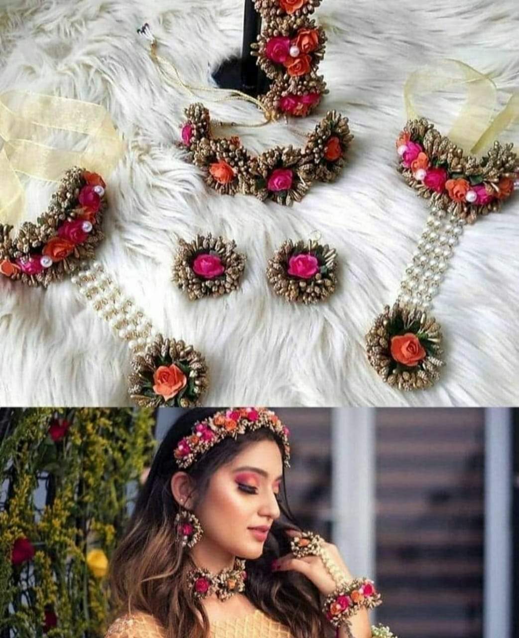 Lamansh Necklace, Tiara , Earrings , Bracelets Attached with ring 1 Necklace, 1 Hair accessory , 2 Earrings , 2 Bracelets attached with ring set / Orange- Pink -Gold LAMANSH® Flower Fabric Hand Jewellery Haldi Baby Shower Mehndi Godbharai Set For Women, Girls / Floral Jewellery Set