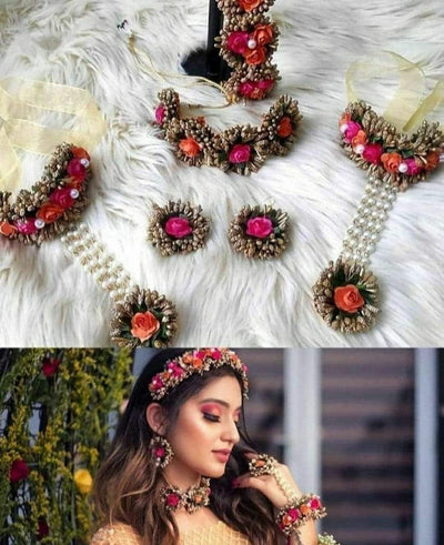Lamansh Necklace, Tiara , Earrings , Bracelets Attached with ring 1 Necklace, 1 Hair accessory , 2 Earrings , 2 Bracelets attached with ring set / Orange- Pink -Gold LAMANSH® Flower Fabric Hand Jewellery Haldi Baby Shower Mehndi Godbharai Set For Women, Girls / Floral Jewellery Set