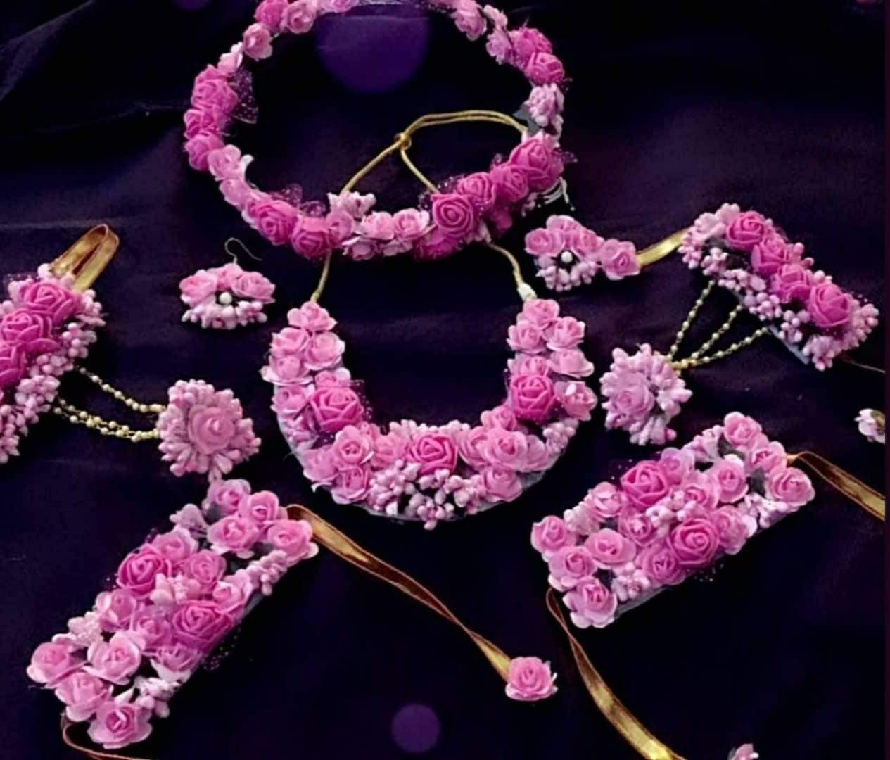 Pink Flower Jewellery set with Tiara for Haldi mehndi baby Shower 