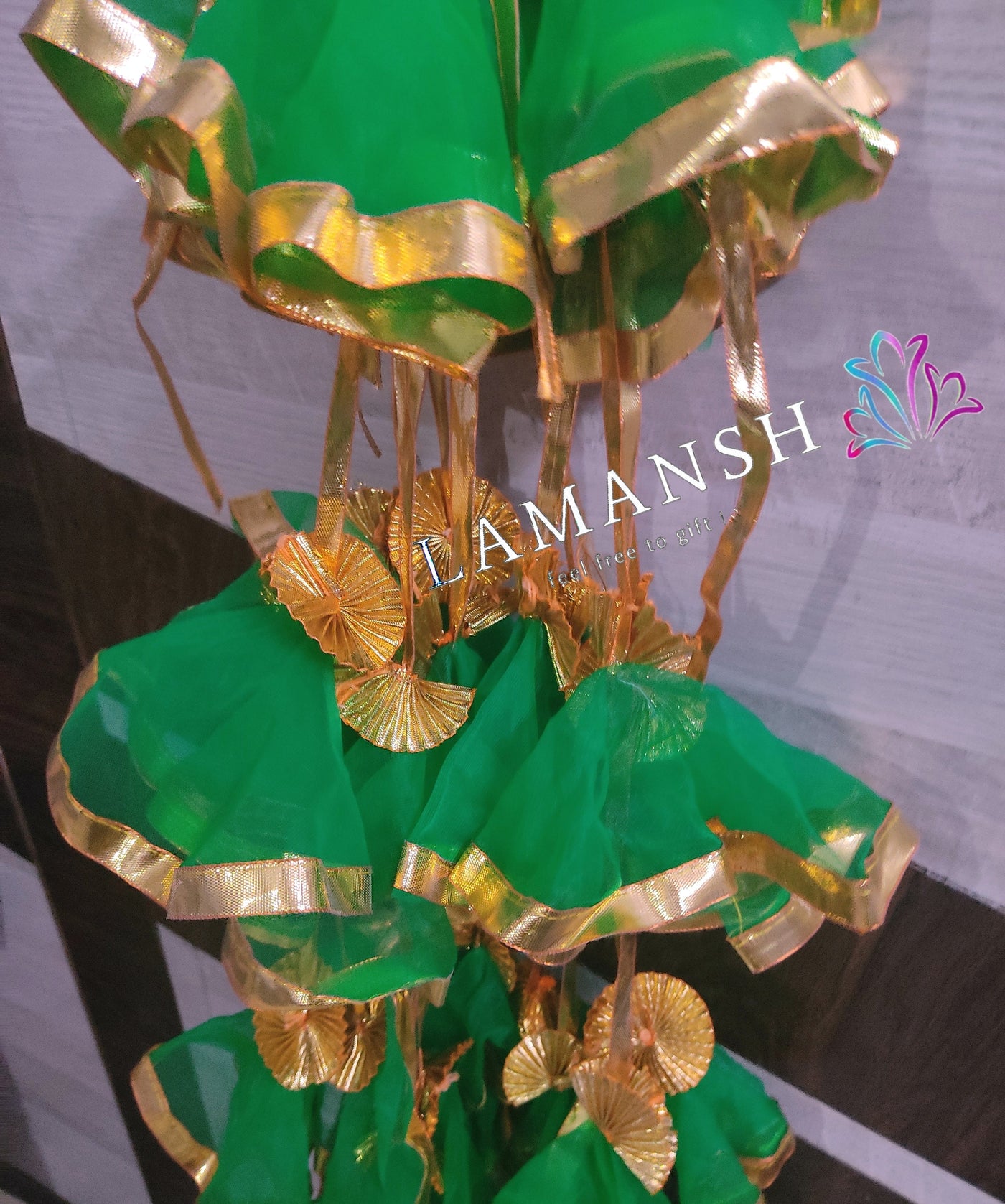 Lamansh net hangings Green / Net Fabric & Gota / 10 LAMANSH® Green ( Pack of 10 ) 4 ft Net Hangings for Wedding Backdrops / Indian Haldi & Wedding Event Decoration