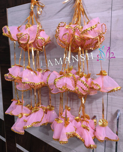 Lamansh net hangings Net Fabric & Gota / Baby Pink LAMANSH® ( Pack of 100 ) Baby Pink 3 ft size Gota X Net Hangings for Wedding Backdrops / Backdrop For Indian Haldi & Mehendi functions
