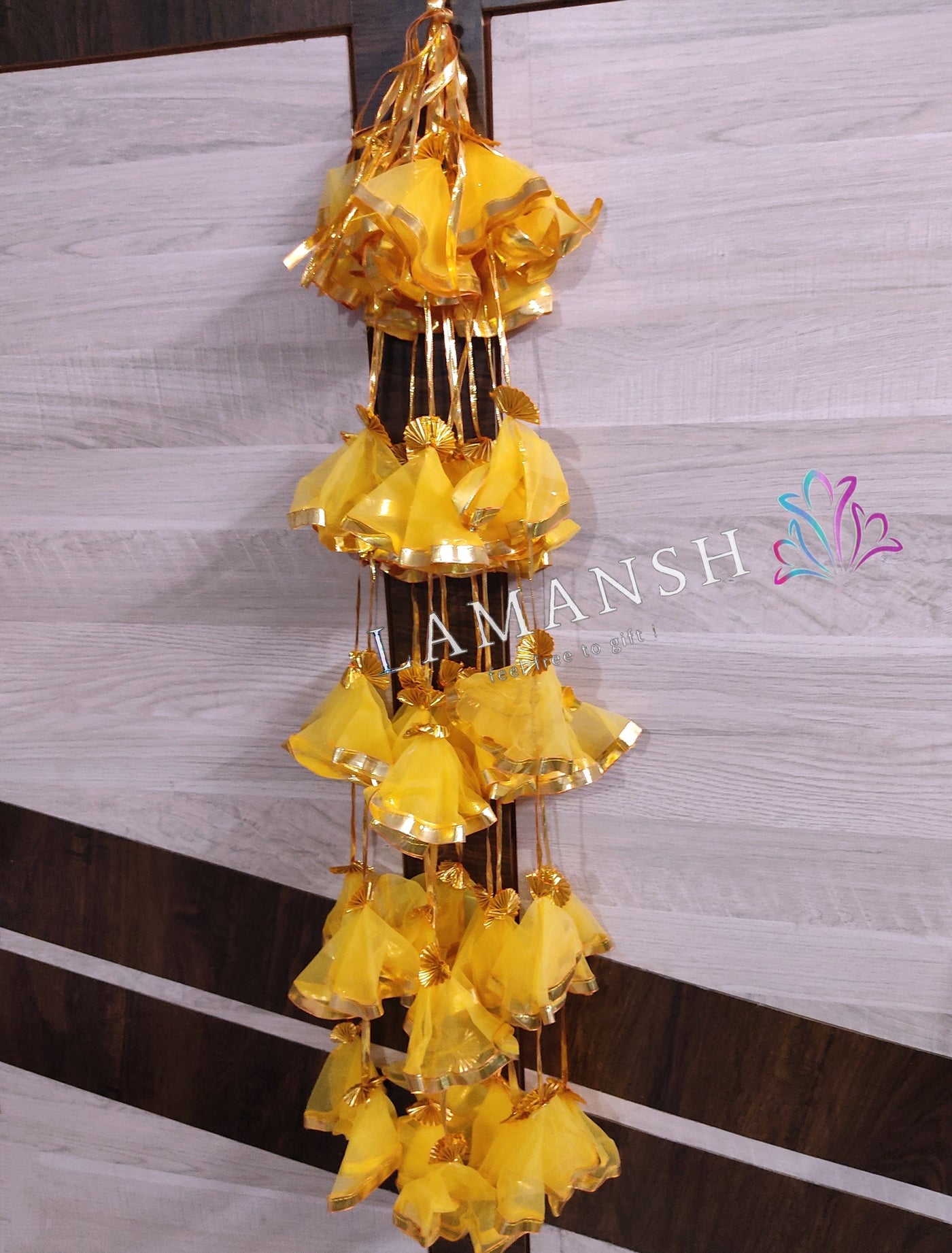 Lamansh net hangings Net Fabric & Gota / Yellow LAMANSH® ( Pack of 10 ) 4 ft Net Hangings for Wedding Backdrops / Fabric Gota hangings for Haldi & Indian Wedding Event Decoration