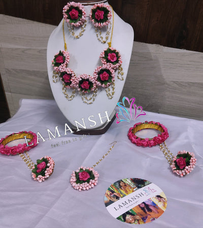Lamansh new floral set 1 Necklace, 2 Earrings, 2 Bangles attached to ring set & 1 Maangtika / Pink Peach LAMANSH® Pink Peach Haldi & Mehendi Flower 🌺 Jewellery Set