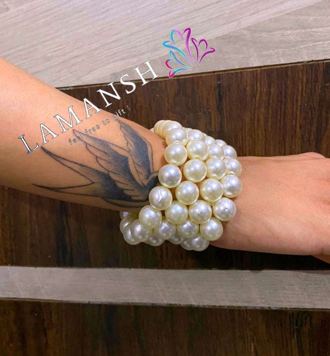 Lamansh pearl scrunchies LAMANSH® Pack of 10 Pearl Scrunchies / Elastic Adjustable Size Pearl Wrist bands Bangles Kade for Gifting