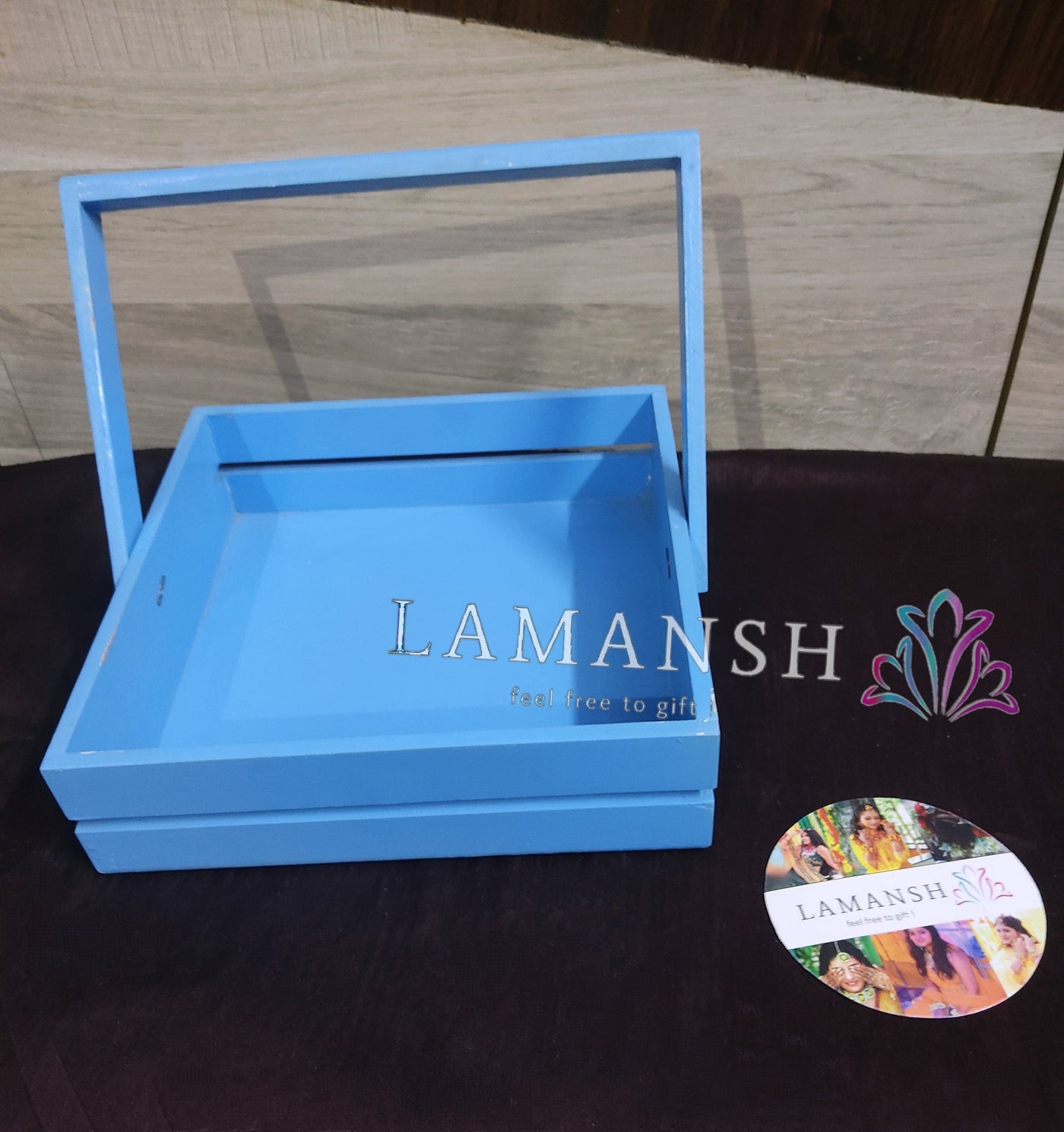 Lamansh pinewood baskets tray LAMANSH® 10×10 inch Square Pinewood Tray with handle for Gifting 🎁 & Giveaways Tray platter for serving gifts packing / Ethnic pinewood basket in assorted colors