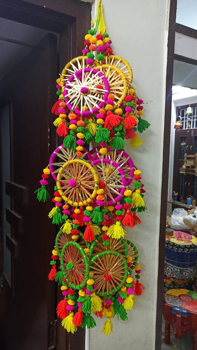 LAMANSH Pom Pom Hanging Multicolor / Wood / 6 LAMANSH® (Pack of 6) Colorful Chakri Lankan Ring Pom Pom Hanging for Home,Hall Decoration Wedding,Event, Party, Haldi Decoration🎀