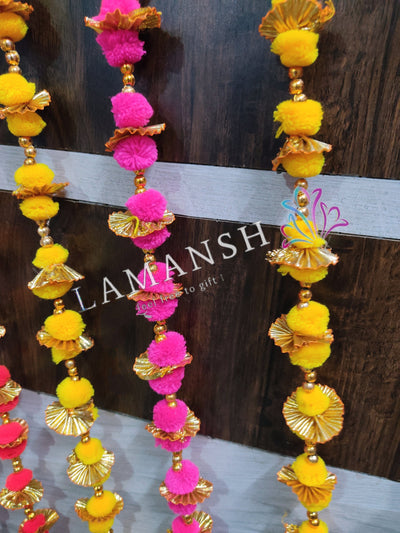 LAMANSH pom pom hangings LAMANSH® Pack of 10 Pom Pom Hangings / Gota Line Latkans for Home Decor Front Door Diwali Wedding 5 Feet Long Pom Poms Beads Bells Latkans Various Colours and Designs