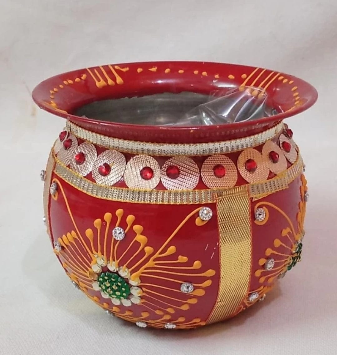 Lamansh pooja kalash LAMANSH Decorative Metal Handmade lota for Pooja | Handicraft Home Decor Designer Red lota - Pooja, Festival, Diwali, Home Decoration | Karwa Chauth & Janmaashtami Pooja Lota Kalash
