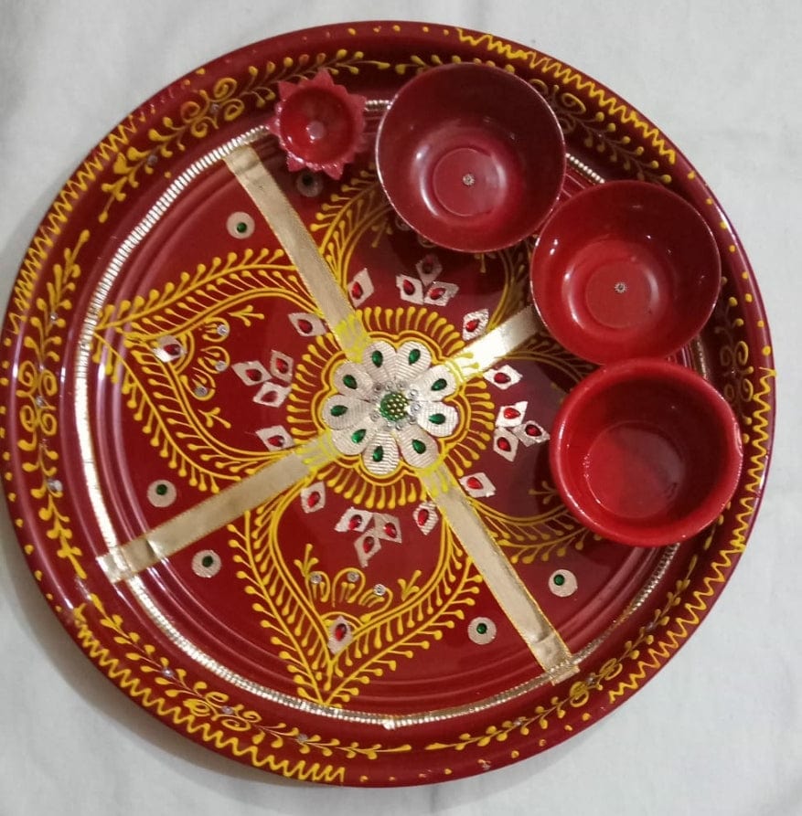 Lamansh pooja thali LAMANSH® Decorative Stainless Steel Hand Paint Pooja Aarti Thali Set with Diya/Haldi Kumkum Holder for Rakhi/Diwali Plate