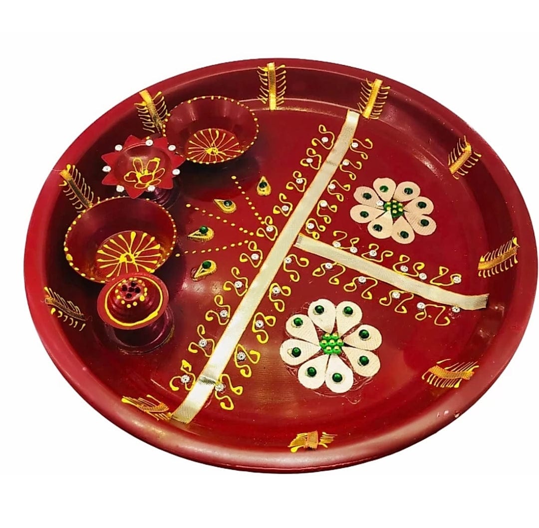 Lamansh pooja thali LAMANSH® Decorative Stainless Steel Hand Paint Pooja Aarti Thali Set with Diya/Haldi Kumkum Holder for Rakhi/Diwali Plate