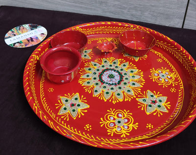 Lamansh pooja thali LAMANSH® Decorative Stainless Steel Hand Painted Pooja Aarti Thali Set with Diya/Haldi Kumkum Holder for Rakhi/Diwali / Platters for Festival 🔥