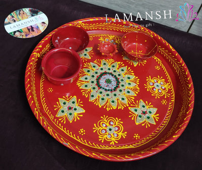 Lamansh pooja thali LAMANSH® Decorative Stainless Steel Hand Painted Pooja Aarti Thali Set with Diya/Haldi Kumkum Holder for Rakhi/Diwali / Platters for Festival 🔥
