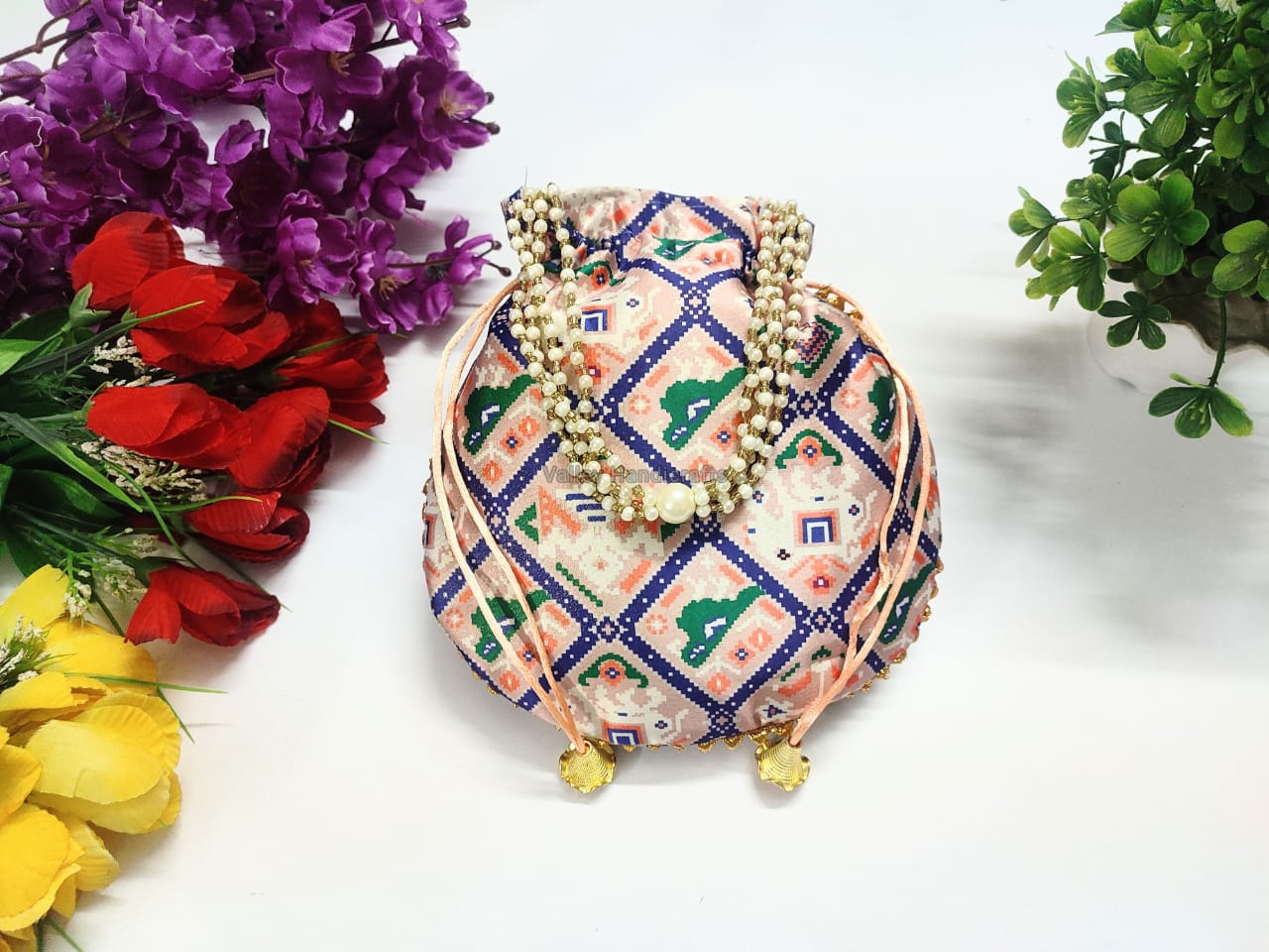 LAMANSH ® potli bags Pack of 10 / Assorted colors LAMANSH (Pack of 10) 9*9 inch Assorted colors Silk Patola Print Potli bags for Women