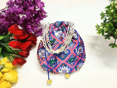 LAMANSH ® potli bags Pack of 10 / Assorted colors LAMANSH (Pack of 10) 9*9 inch Assorted colors Silk Patola Print Potli bags for Women