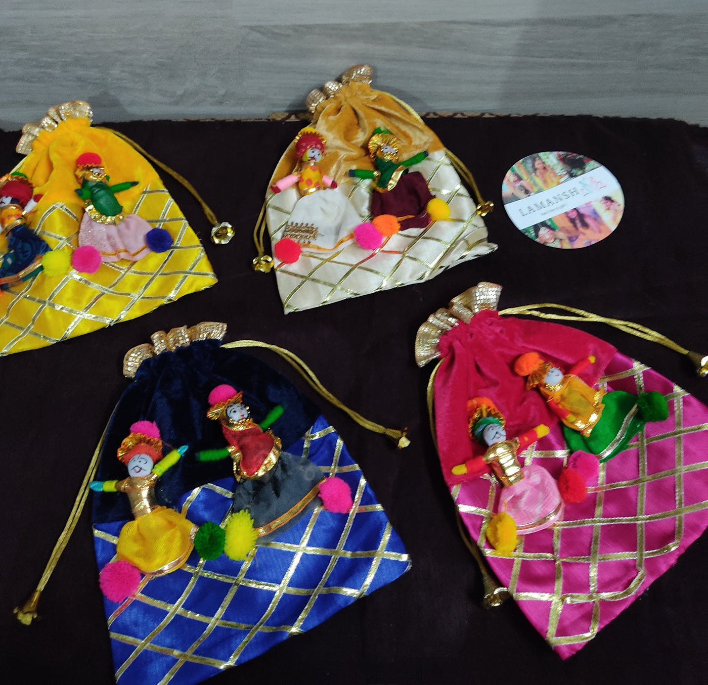 LAMANSH ® puppet Potli Bag Pack of 50 LAMANSH® (9*7 inch) Set of 50 Gota Patti velvet Pupet Potli Bags & Pouch Best for Wedding ,Party Supply Gift Bags