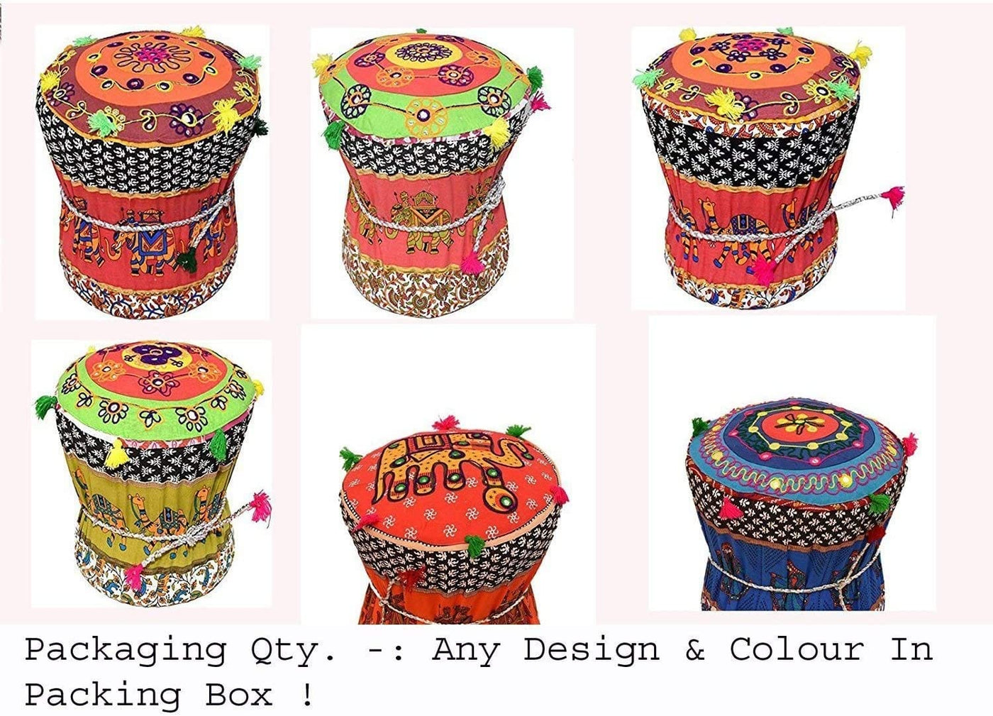 Lamansh rajasthani mudda for event decoration Assorted colors / Pack of 15 Wholesale Pack of 15 Rajasthani Mudda Stools at Rs 700 each (Free shipping included)  Event Decoration / Perfect for Ethnic Indian events & backdrop / Handmade Patchwork Cotton Single Mudda/Ottoman/Pouffe