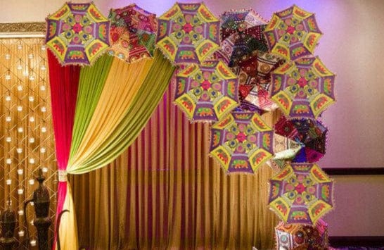 LAMANSH Rajasthani umbrella LAMANSH Elephant Print Embroidery Work Decorative Wedding Umbrella | Gujrati Umbrella | Rajasthani Umbrella, Useful for Party Decoration, Home Decor, Pre Wedding, Garba, Photoshoot / Backdrop Event Decoration Umbrella