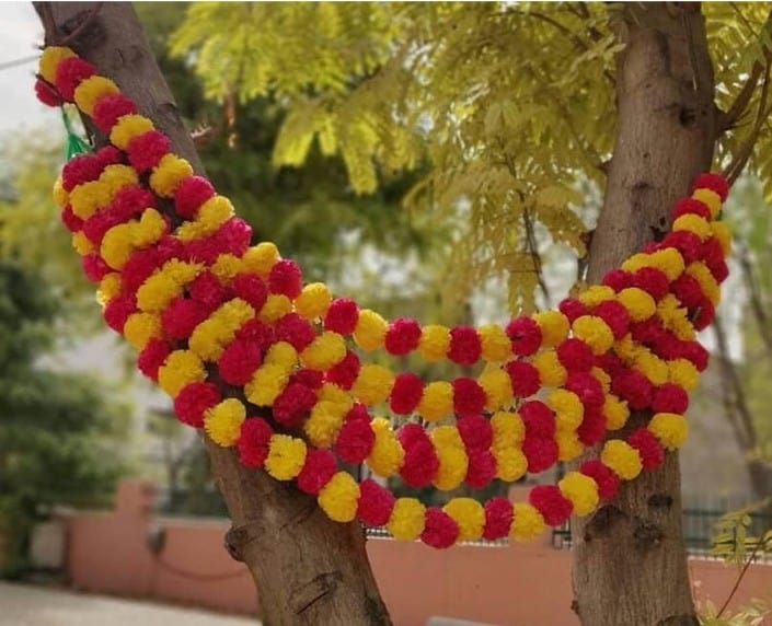 Lamansh Red-Yellow LAMANSH (Pack of 5)  Red , Yellow Artificial Marigold Fluffy Flowers Garlands for event backdrop Decoration
