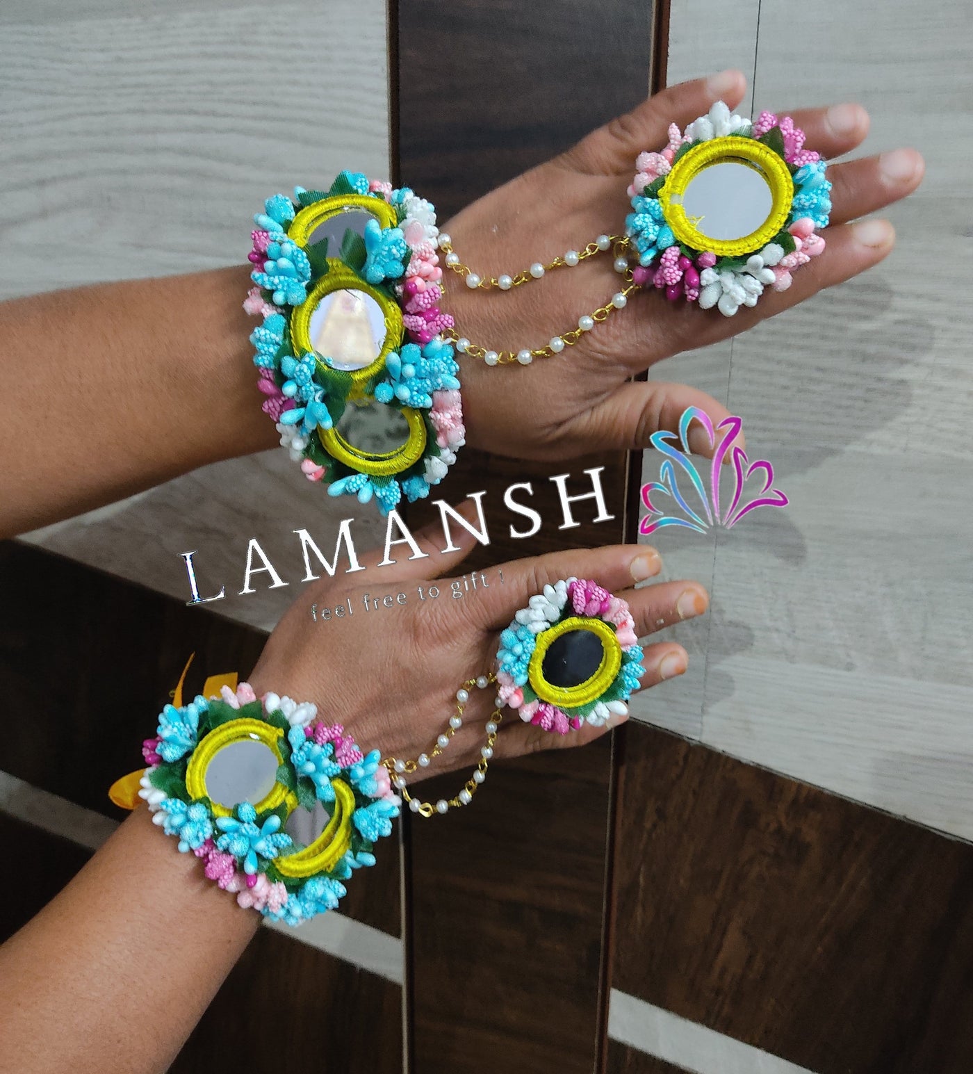 Lamansh Ring Set Multicolor / Artificial flowers / Haldi ,Wedding,Engagement Lamansh™ Floral Ring Bracelet Set for Engagement / Haldi / Floral Accessories set