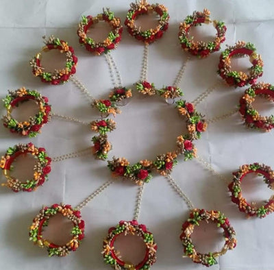 Lamansh Ring Set Multicolour / Artificial flower / Haldi ,Wedding,Engagement Lamansh™Pack of 12 Floral Ring Bracelet Set for Engagement / Haldi / Floral Accessories set