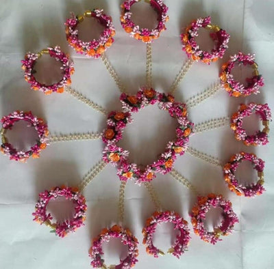 Lamansh Ring Set Pink-Orange / Artificial flowers / Haldi ,Wedding,Engagement Lamansh™Pack of 12 Floral Ring Bracelet Set for Engagement / Haldi / Floral Accessories set