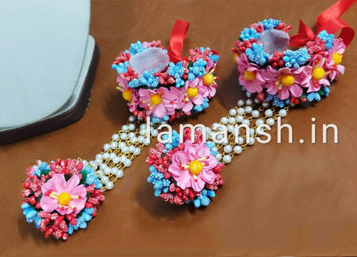 Lamansh Ring Set Pink Red blue / Artificial flowers / Haldi ,Wedding,Engagement Lamansh™ Floral Ring Bracelet Set for Engagement / Haldi / Floral Accessories set