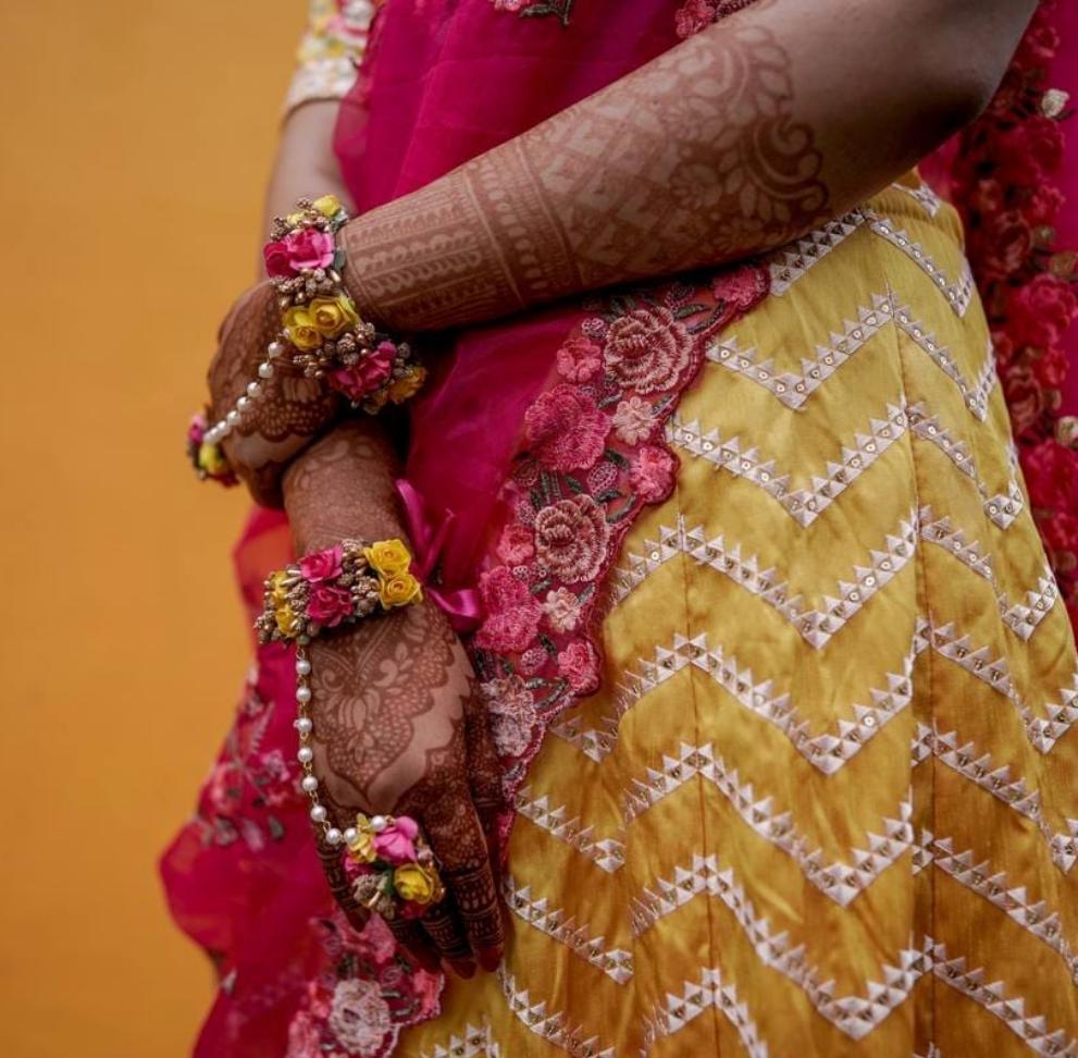 Lamansh Ring Set Pink - Yellow - Gold / Fabric / Haldi ,Wedding,Engagement Lamansh® Floral Bracelets Attached with Ring Set for Engagement / Haldi / Floral Accessories set