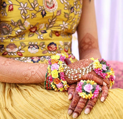 Lamansh Ring Set Yellow-Pink / Artificial flowers / Haldi ,Wedding,Engagement LAMANSH® ( Pack of 2 Bracelets) Floral Ring Bracelet Set for Engagement / Haldi / Floral Accessories set
