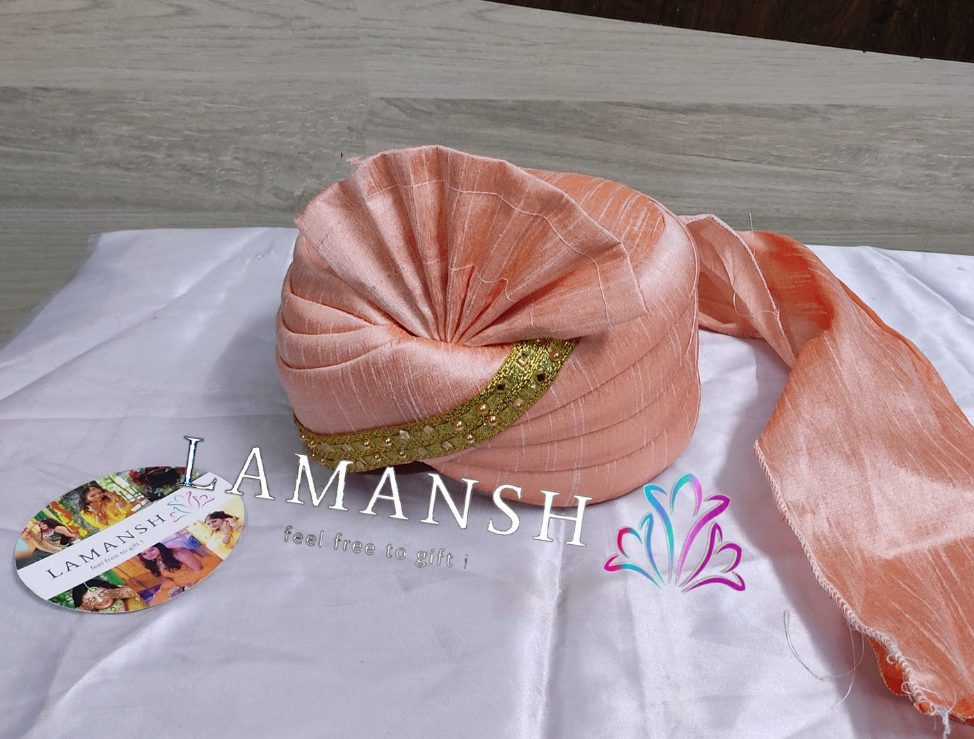 LAMANSH safa pagdi Pack of 1 LAMANSH® Pack of 1 Royal Peach Readymade Safa pagdi turban for guests Barati