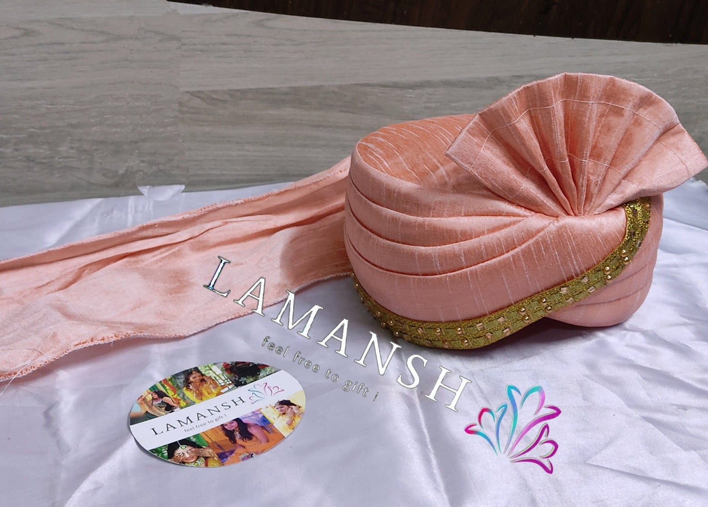 LAMANSH safa pagdi Pack of 15 LAMANSH® Pack of 15 Royal Peach Readymade Safa pagdi turban for guests Barati