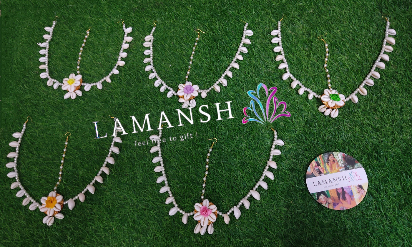 LAMANSH shell mathapatti Assorted colors / Pack of 20 Mathapatti's LAMANSH® ( Pack of 20) Floral 🌸 Shells Mathapatti /  Maangtika's with side chain / Bridesmaid Giveaways set