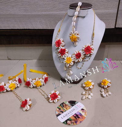 Lamansh shells Jewellery LAMANSH® Yellow Red Flowers 🌼🌹 Shells Jewellery Set for Bridal Haldi & Mehendi ceremony