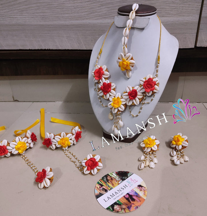 LAMANSH® Yellow Red Flowers 🌼🌹 Shells Jewellery Set for Bridal