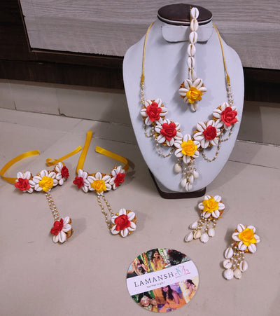Lamansh shells Jewellery LAMANSH® Yellow Red Flowers 🌼🌹 Shells Jewellery Set for Bridal Haldi & Mehendi ceremony