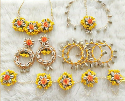 LAMANSH shells jewellery Yellow-White-Orange / Standard / Shells 🐚 Style Lamansh® Floral Jewellery Set 🌺🌻🌹🌷 / Haldi Set