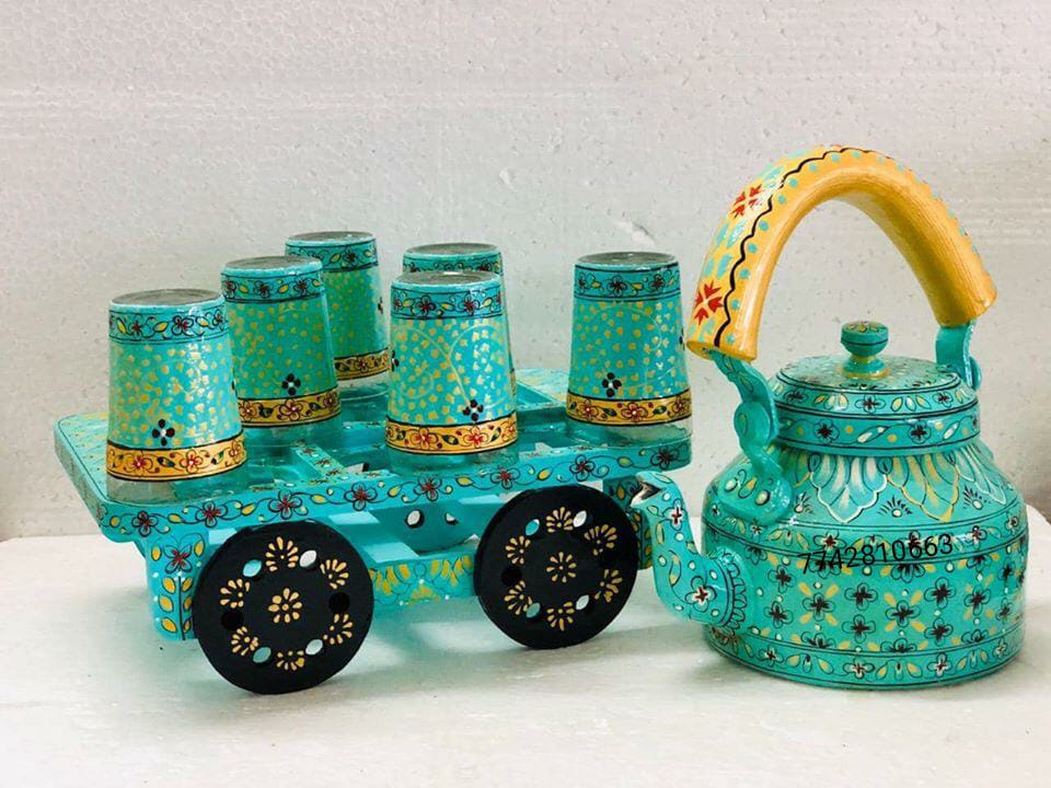 LAMANSH showpiece Asorted Colour Pattern / Steel / 1 set LAMANSH® Royale Kettle Set III with 6 Glasses & Holder Handicraft Decorative Tea Coffee Set