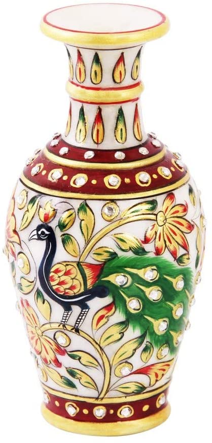 LAMANSH ® showpiece marble vase Multicolor / Marble LAMANSH Stone Peacock Painted Marble Flower Pot (6 Inch, Multicolour)