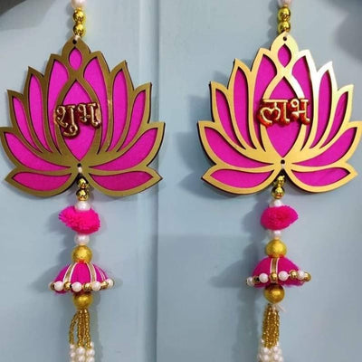 Lamansh shubh labh LAMANSH® Pink Mdf Lotus Shubh Labh Decorative Hangings ( Table Decor ) for Navratri & Diwali decoration / Wooden Lotus Hanging for door entrance